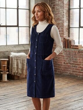 Dark Blue Corduroy Button Front Jumper Dress Pinafore Style